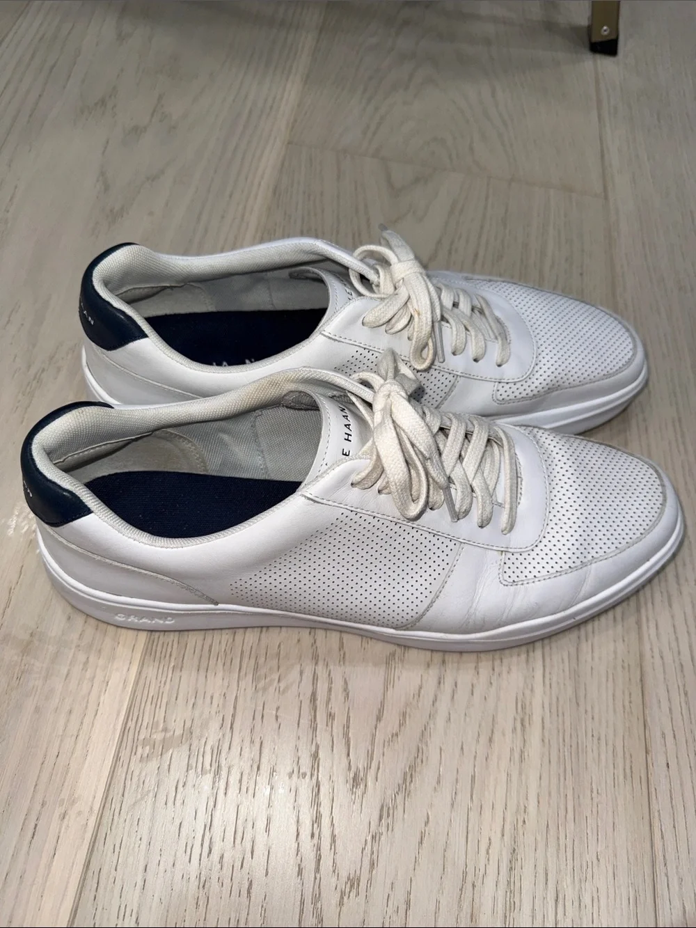 Cole Haan White Leather Perforated Men's Sneakers with Navy Heel Tab